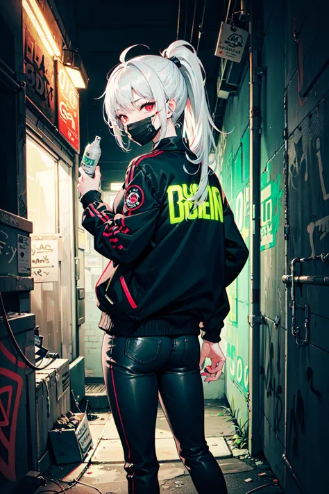 dim lighting, (neon green graffiti:1.2), alleyway, graffiti on wall, city, looking at viewer,
1girl, mature female, (white hair)...
