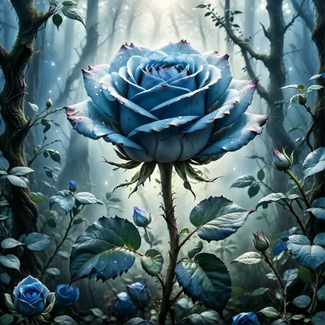 a beautiful single blue rose sprouting in the middle of magical celestial forest, foggy, realism, hyperrealism, fine details   <...
