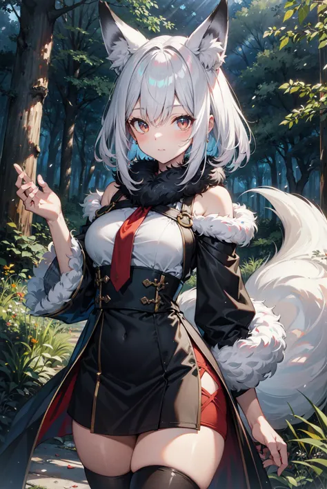 fox_girl, furry, forest, looking at viewer, white fur, 1fox_tail, black fox ears, hdr, highres, best quality, masterpiece, thigh...
