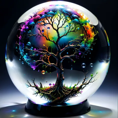 Detailed rainbow tree captured inside a crystal ball, UV-reactive, black light art concept by Waterhouse, Carne Griffiths, Minja...