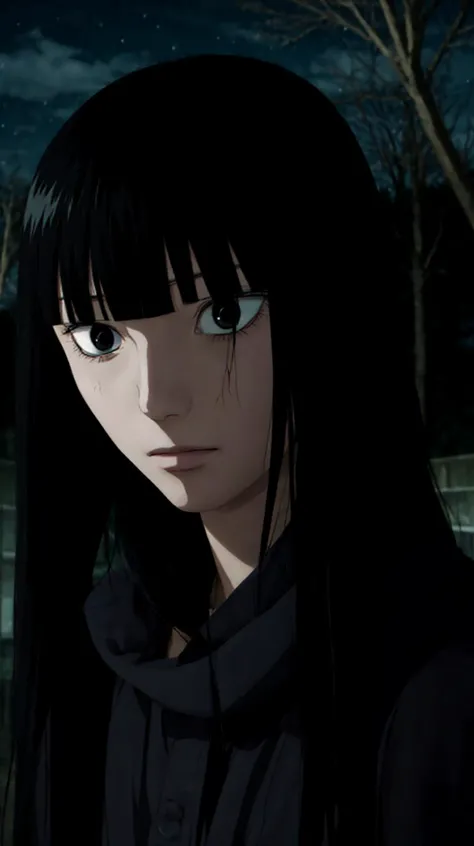 masterpiece, best quality,
 <lora:SawakoV1:0.8> sawako, black hair, long hair, blunt bangs, black eyes, hime cut,
1girl,woman,
horror \(theme\),  dark,night,