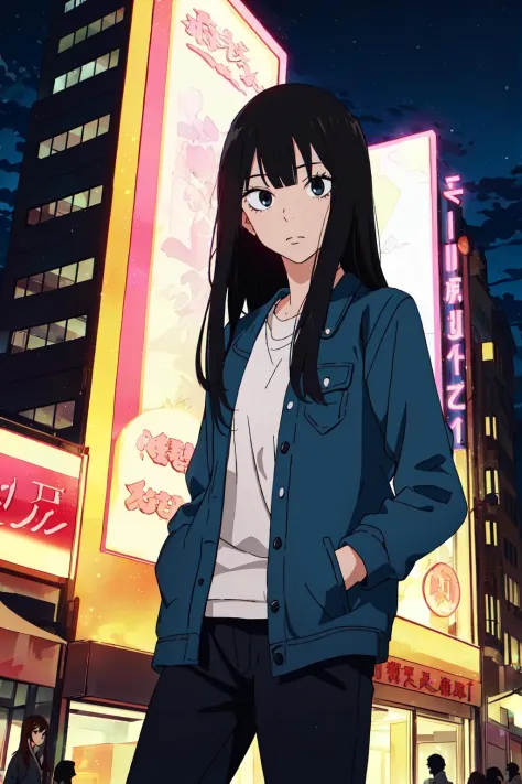 ((best quality)),((highly detailed)),masterpiece,absurdres,detailed face,beautiful face,((detailed eyes, deep eyes)),(1girl),((dynamic pose)), <lora:SawakoV1:0.8>sawako, black hair, long hair,  black eyes,  bangs, blunt bangs, hime cut,jacket, walking, at night, (eyes looking away from the viewer:1.3, looking away from viewer:1.3), ripped jeans, hands in pocket, nighttime, city streets, neon signs, crowd behind,