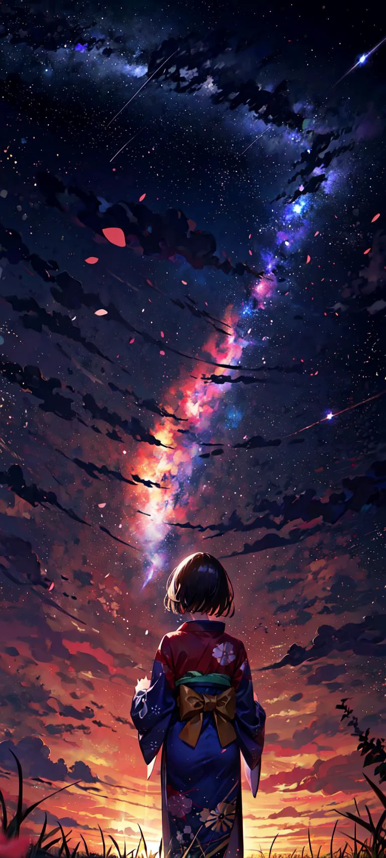 1girl, distant girl wearing a kimono staring at the stars, (zoomed out:1.1), (meteor shower:1.2), (comet:1.1), your name, low angle, from behind, aroura borealis, shooting star, yukata, red kimono, cherry blossoms, standing in a field,best quality, masterpiece,  cloud,colorful, starry,stars,
