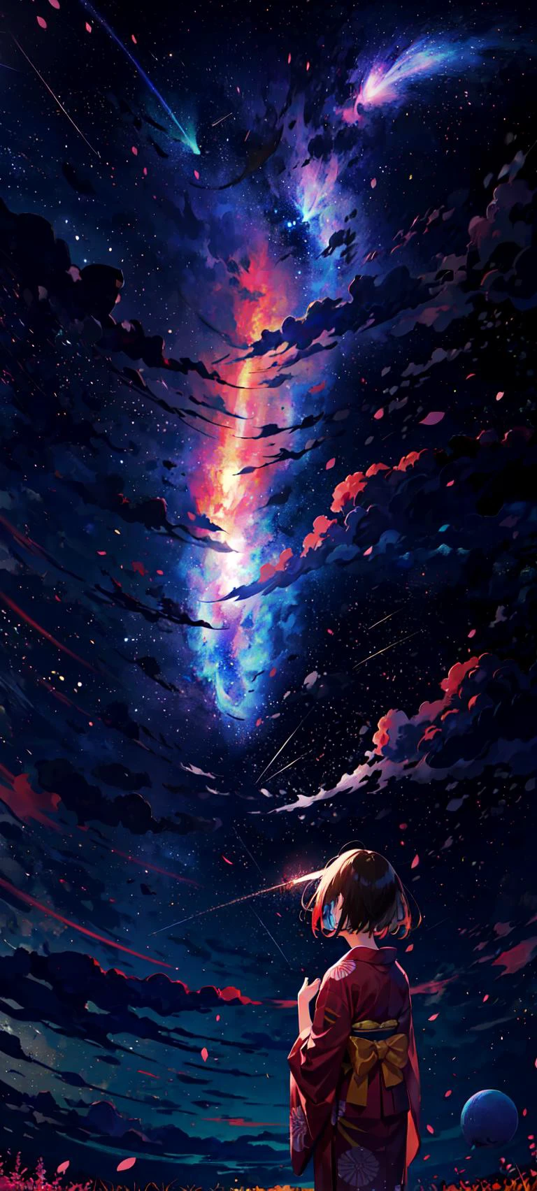 1girl, distant girl wearing a kimono staring at the stars, (zoomed out:1.1), (meteor shower:1.2), (comet:1.1), your name, low angle, from behind, aroura borealis, shooting star, yukata, red kimono, cherry blossoms, standing in a field,best quality, masterpiece,  cloud,colorful, starry,stars,