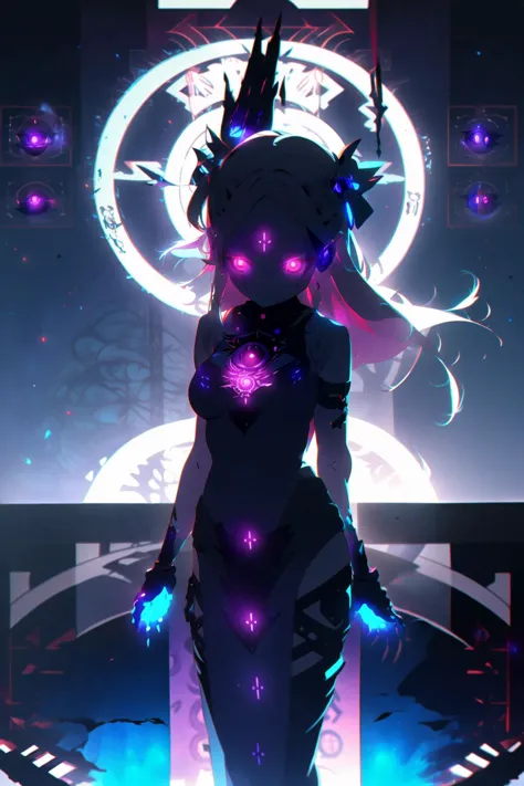 anime, BAPV, //, masterpiece,(best quality),(illustration),(colorful), crystal, magical girl, hair ribbon, hairclip, (medium breasts:1.4), (blue magic circle:1.5), (glowing eyes:1.5), beautiful detailed eyes, (serious:1.2), (glowing hair:1.5), 