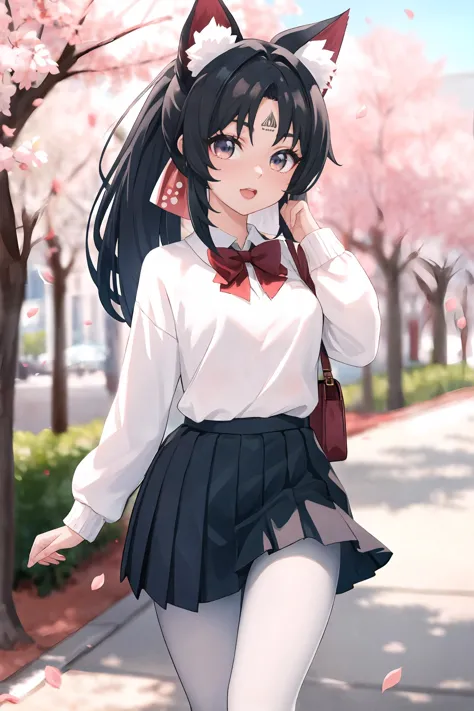 1fille, mana de Nekomiya, queue de cheval, marque sur le front, ruban à cheveux, seulement, uniforme scolaire, chemise blanche, Pull-over, jupe plissée, collants, sourire, bouche ouverte, regarder le spectateur, En plein air, rue, fleurs de cerisier, pétales, profondeur de champ