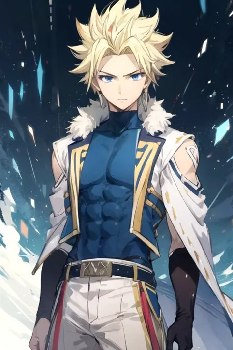 masterpiece, best quality, , 1boy, solo, male focus, looking at viewer, , depth of field, anime coloring, realistic, <lora:sting_eucliffe:0.70>, sting_eucliffe, blonde hair, blue eyes, spiked hair, , aztec,