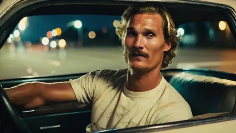 a close up of a man sitting in a car with a mustache