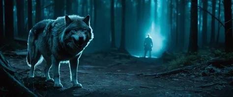 a lone wolf standing in a dark forest with a man in the background