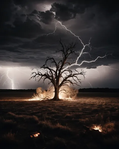 eye level of Lightning striking a lone tree in a field, bark exploding and embers glowing in the aftermath., directed by Alexander Payne High-contrast, digital, black and white, sharp focus, deep blacks, brilliant whites, modern, digital B&W, a look of terror scared horrified