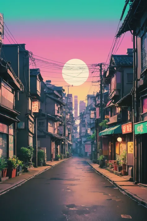 a view of a street with buildings and a full moon