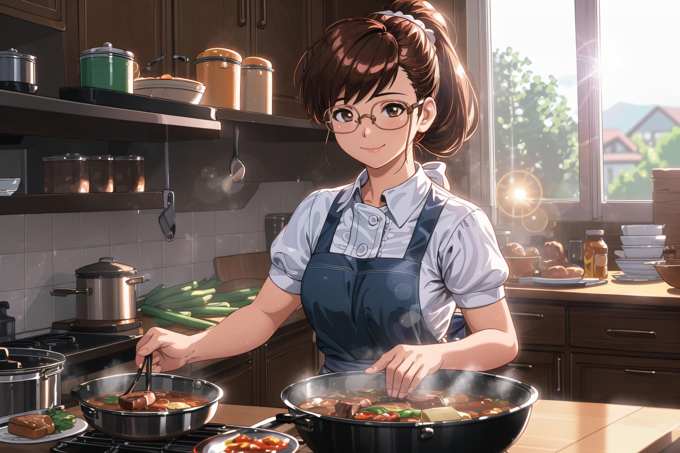 Anime girl cooking in a kitchen with a stove and a window - SeaArt AI