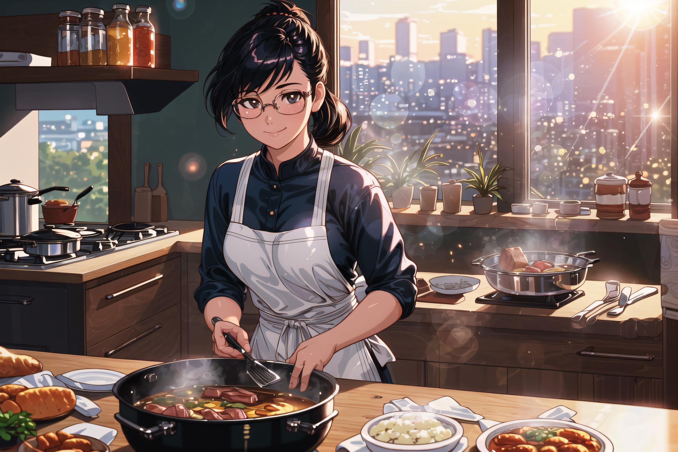 Anime girl cooking in a kitchen with a pan of food - SeaArt AI