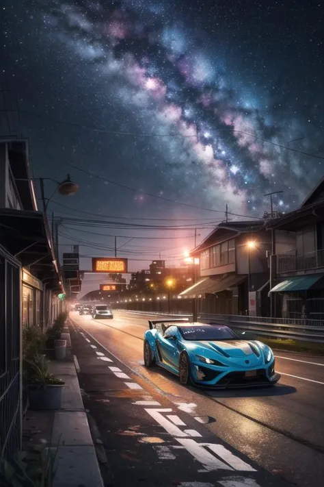 a blue sports car driving down a street under a night sky