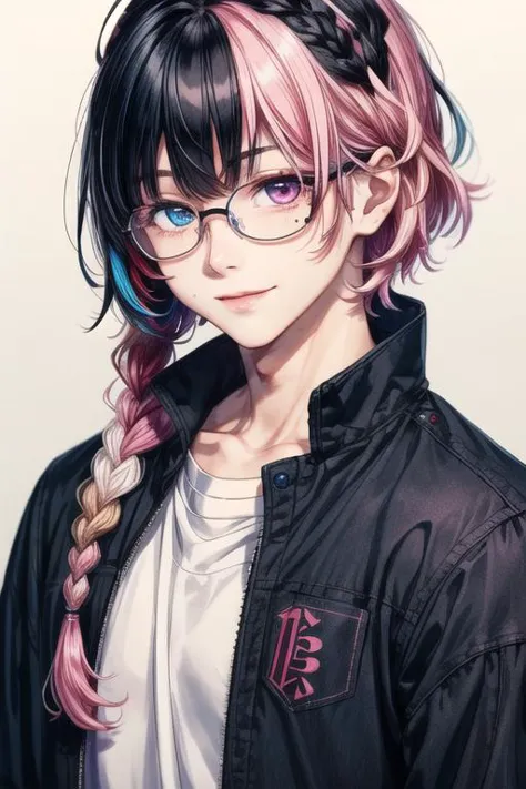 a girl with pink hair and glasses is wearing a black jacket