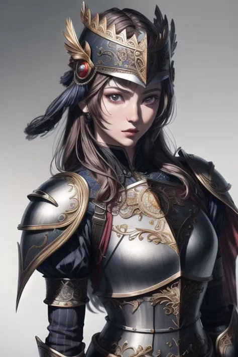 a woman in armor with a helmet and a sword