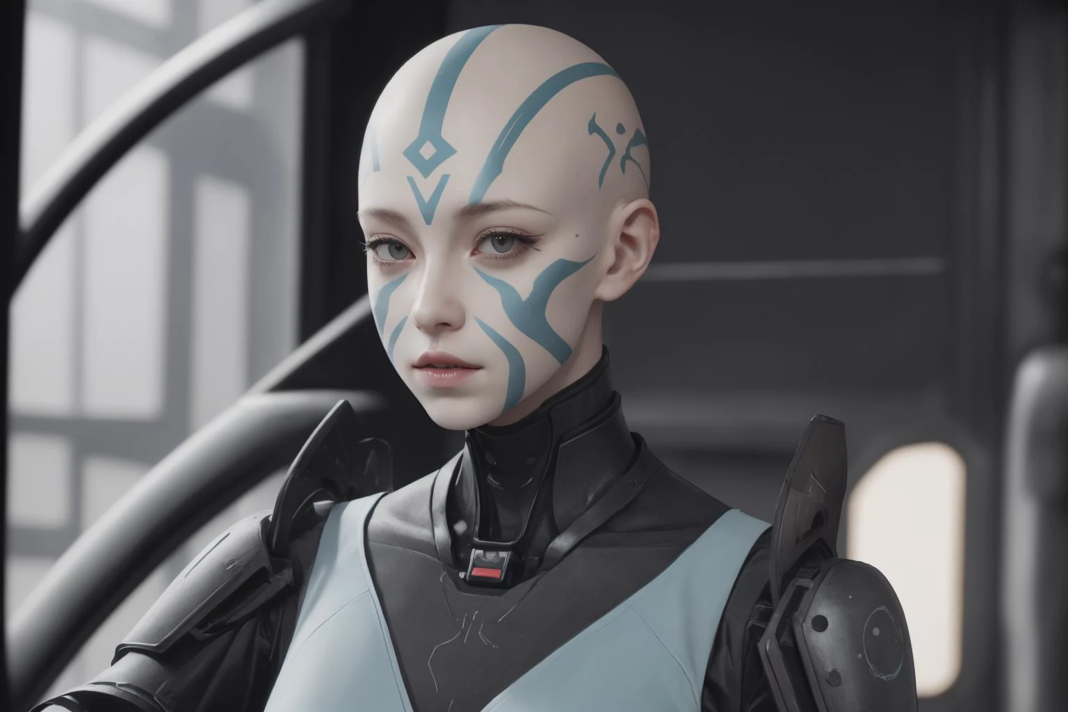 1 chica,   piel azul pálida, calvo, Marcas faciales tribales, piloto de mecha de ciencia ficción