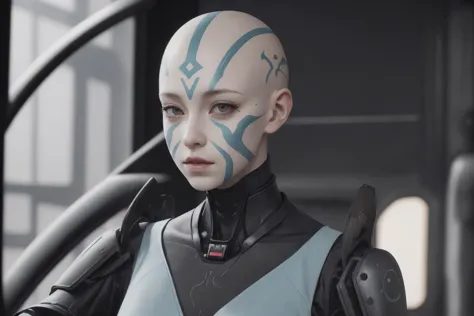 1girl,   <lora:Rattataki2023:0.6>, pale blue skin, bald, tribal face markings, sci-fi mecha pilot