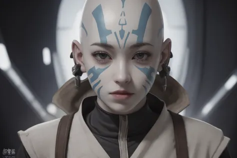 1girl,   <lora:Rattataki2023:0.6>, pale blue skin, bald, tribal face markings, star wars pod racing