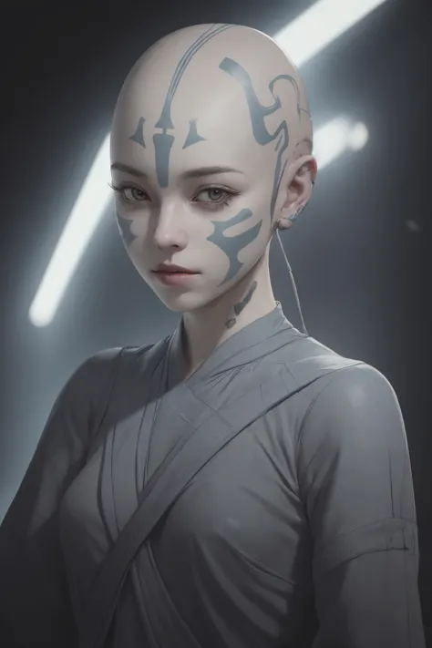 1girl,   <lora:Rattataki2023:0.6>, pale blue skin, bald, tribal face markings, star wars pod racing