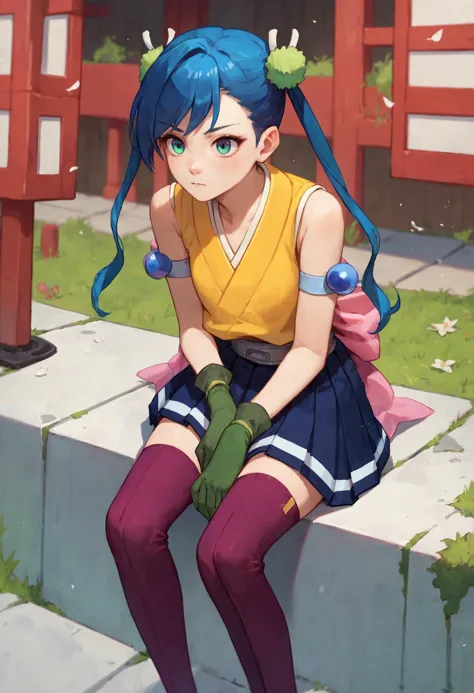 anime girl sitting on a bench with a blue hair and green eyes