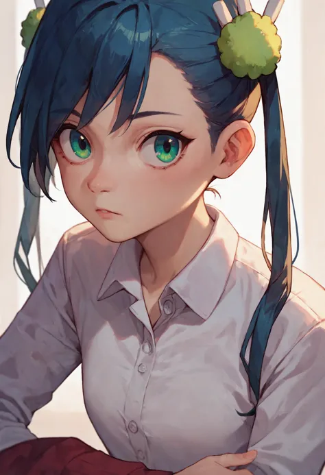 a close up of a person with a ponytail and a shirt