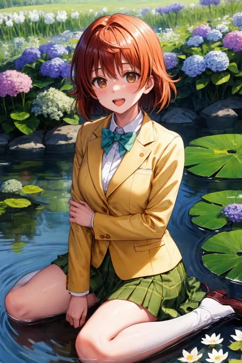 anime girl sitting in water with flowers and lily pads