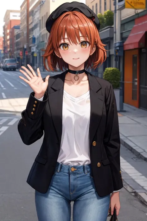 anime girl in a black jacket and jeans posing on a street