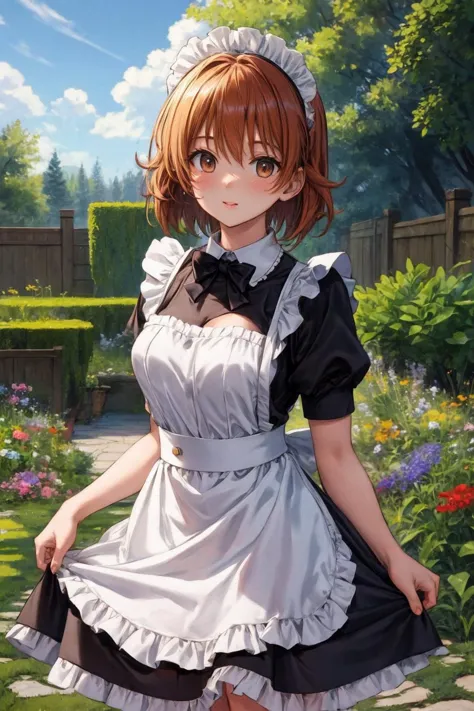 masterpiece, best quality, highres, aariko, short hair, brown eyes, <lora:yuusaki_riko_v1:0.6>, maid, maid headdress, skirt hold, garden, smile