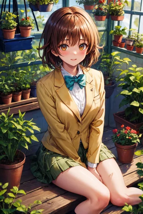 anime girl sitting on a bench in a greenhouse with potted plants