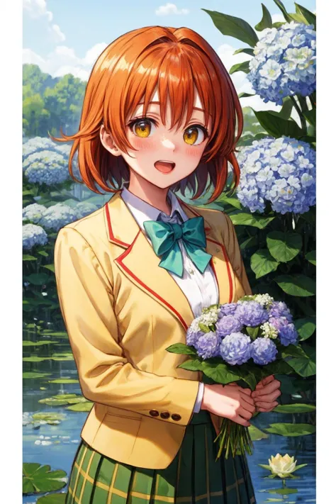 masterpiece, best quality, highres, aariko, short hair, brown eyes, <lora:yuusaki_riko_v1:0.6>, 
school uniform, blue bowtie, blazer, yellow jacket, long sleeves, plaid skirt, green skirt,
dandelion, field, floral background, flower, flower \(symbol\), flower field, flower pot, holding, holding bouquet, holding flower, hydrangea, leaf, lily \(flower\), lily of the valley, lily pad, long hair, lotus, open mouth, orange flower, pink flower, purple flower, smile, solo, tulip, , upper body, vase, white flower, white rose,