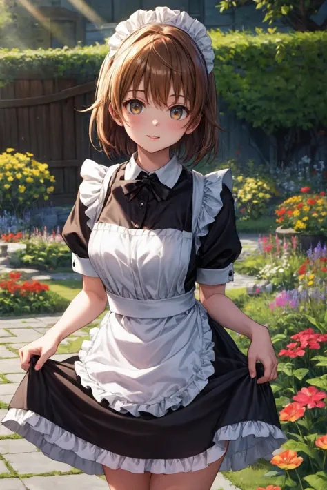 masterpiece, best quality, highres, aariko, short hair, brown eyes, <lora:yuusaki_riko_v1:0.6>, maid, maid headdress, skirt hold, garden, smile