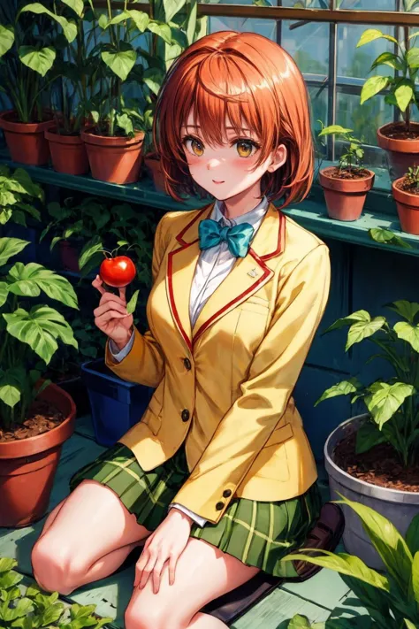 anime girl sitting on a bench with a tomato in her hand