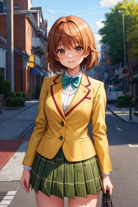 anime girl in school uniform walking down the street with a purse