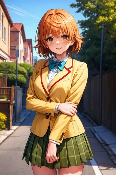 a woman in a school uniform standing on a street