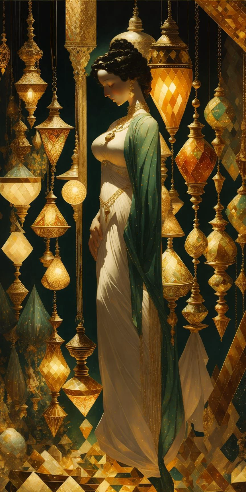 A [ curvy | voluptuous |  beautiful ]   gypsy odalisque 
in the middle of hanging turkish pendant lamps made of multicolored mosaic glass shade
,Kay Nielsen's [ colorful | vibrant ]  ( ( HDR) masterpiece ( in geometric CCDDA  artstyle ) )