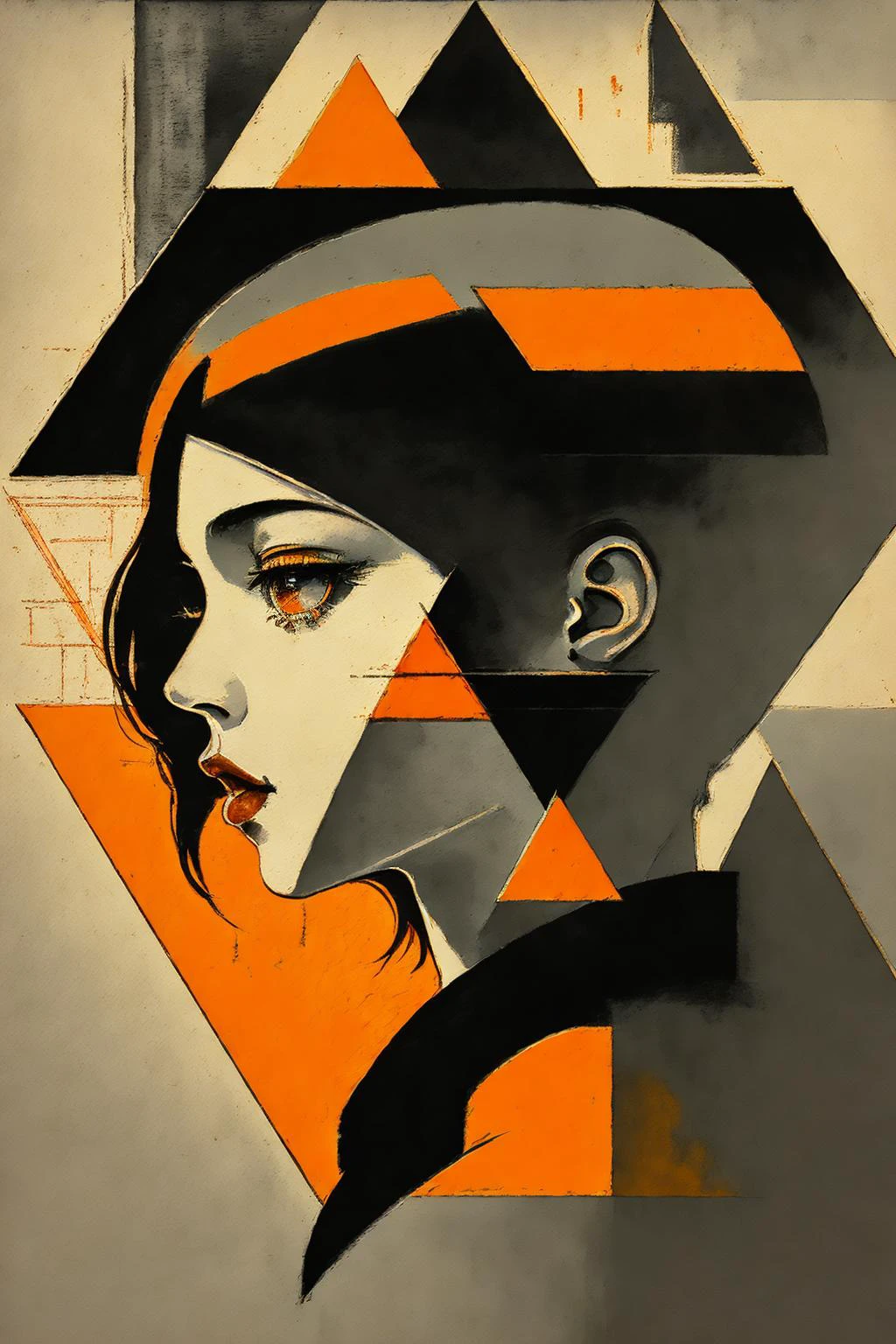 (masterpiece, 4k ,ultra detailed,raw photo:1.2),illustration,
(portrait:1.2),(from side:1.2),(looking right:1.2),
(simple background,black and orange background1.4),
(art deco:1.4),
(minimalism:1.4),
(clean:1.4),
(flat_color:1.4),
(geometric pattern:1.4),
(triangle:1.5),
CCDDA Artstyle