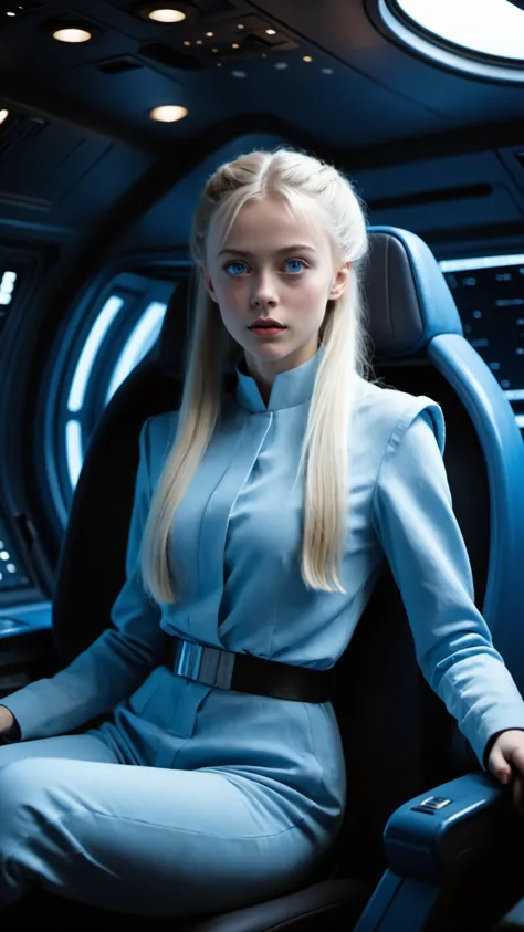 Photograph of a cute Nordic girl flying a spaceship, sitting ladylike in the captain's chair, (dark blue sci-fi jumpsuit:1.6), (extremely pale blue eyes:2), very long blond hair in a ponytail with bangs, deep space seen through the viewport, detailed eyes, detailed skin, detailed face, photography, dramatic lighting, full body shot, centered image, symmetrical