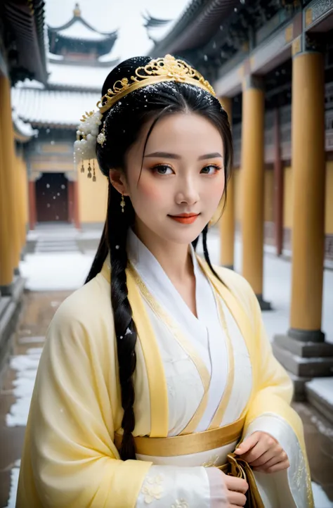 cinematic photo A Chinese (makeup) girl wearing a gorgeous white Hanfu and (opened:1.7) light yellow coat walks in an ancient palace under heavy snow with a light smile on her face, . 35mm photograph, film, bokeh, professional, 4k, highly detailed