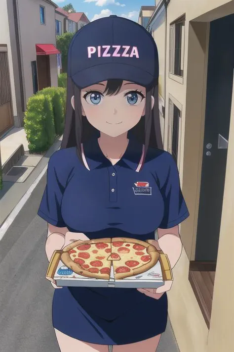 (POV, A pizza delivery girl, wearing a polo shirt uniform and baseball hat. She is handing you a pizza delivery box. Doorway, si...