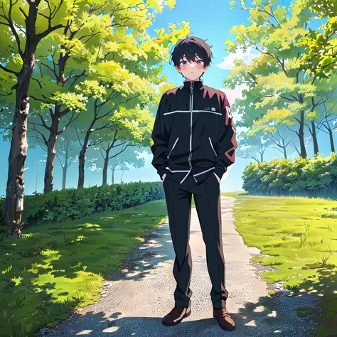 anime - style image of a man standing on a path in a park