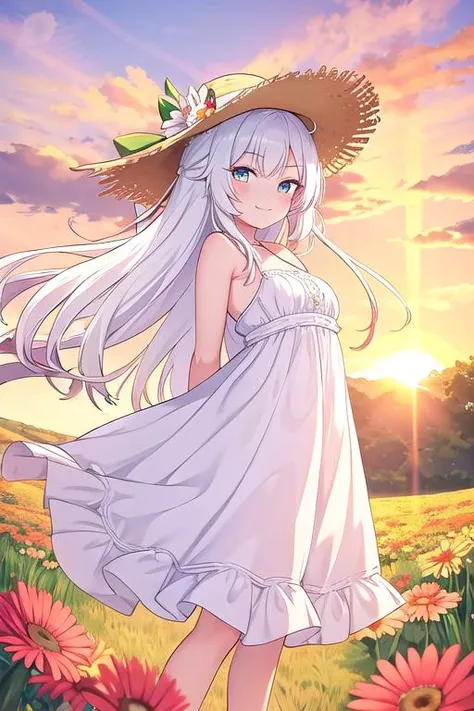 cabelo branco, pôr do sol, Inclinado para a frente, marca da beleza, Garota, mulher madura, cachos laterais, Campo de Flores, sorriso, Mulher Madura, vestido de verão, horizon, SFW, Cabelo muito longo, vestido branco, obra de arte, melhor qualidade, dentes, de pé, luz solar, Intrincado, mãos perfeitas, chapéu de sol, chapéu de palha, braços atrás das costas