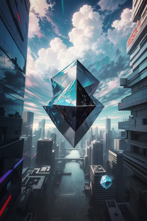 a digital painting of a futuristic city with a large crystal cube