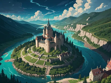 k, great detail, great shadows, best quality, great lighting, raging river, colorful, hyper realistic, castle on top of a hill, ...