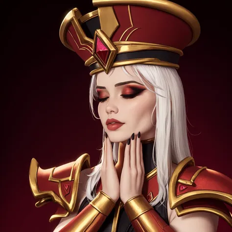 (masterpiece, high quality:1.1), extremely detailed, ambient,
SallyWhitemane, 1girl, mature female, FeelsGood, closed eyes,
determined,
white hair, long hair, closed eyes, jewelry, (eyeshadow:1.3),
hat, shoulder armor, (two-tone leotard:1.2), gold trim,
red background,
<lora:SallyWhitemane:0.9>  <lora:FeelsGood:0.8>