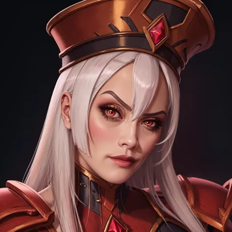 (masterpiece, high quality:1.1), extremely detailed, ambient,
SallyWhitemane, 1girl, mature female, RocksEyebrowRaise, (raised eyebrow, thick eyebrows:1.2), a strict look, head tilt, portrait, closeup, red background,
determined,
white hair, long hair, red eyes, jewelry, (eyeshadow:1.1),
hat, shoulder armor, (two-tone leotard:1.2), gold trim,
red background,
<lora:SallyWhitemane:0.9> <lora:RocksEyebrowRaise:1>,