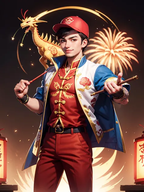 looking at viewer,  Amidst the Chinese New Year festivities of the Dragon, a (handsome young man:1.1)( dons traditional attire:1.5). His clothing reveals chiseled muscles and tattoos, with a red shirt featuring golden dragon embroidery and snug, red trousers adorned with fireworks motifs. Completing the look are golden shoes.
 he stands against a backdrop of gleaming red and gold lanterns on a stage filled with music and firecrackers. The man's tattoos, depicting dragons and Chinese symbols, underscore his cultural connection. With a radiant smile, he extends blessings for the year ahead, encapsulating the spirit of joy and community celebration. His masculine, youthful, and tender features exude warmth and charm, adding to the festive atmosphere of the occasion, 
 <lora:GoodHands-beta2:0.8>, dynamic pose, 
 <lora:pokemon_ashketchum-10:0.6> pokemonketchum, baseball cap, blue jacket, sleeveless jacket, shirt, short sleeves, pants, fingerless gloves, masterpiece, 4k, high quality, highres, absurdres,