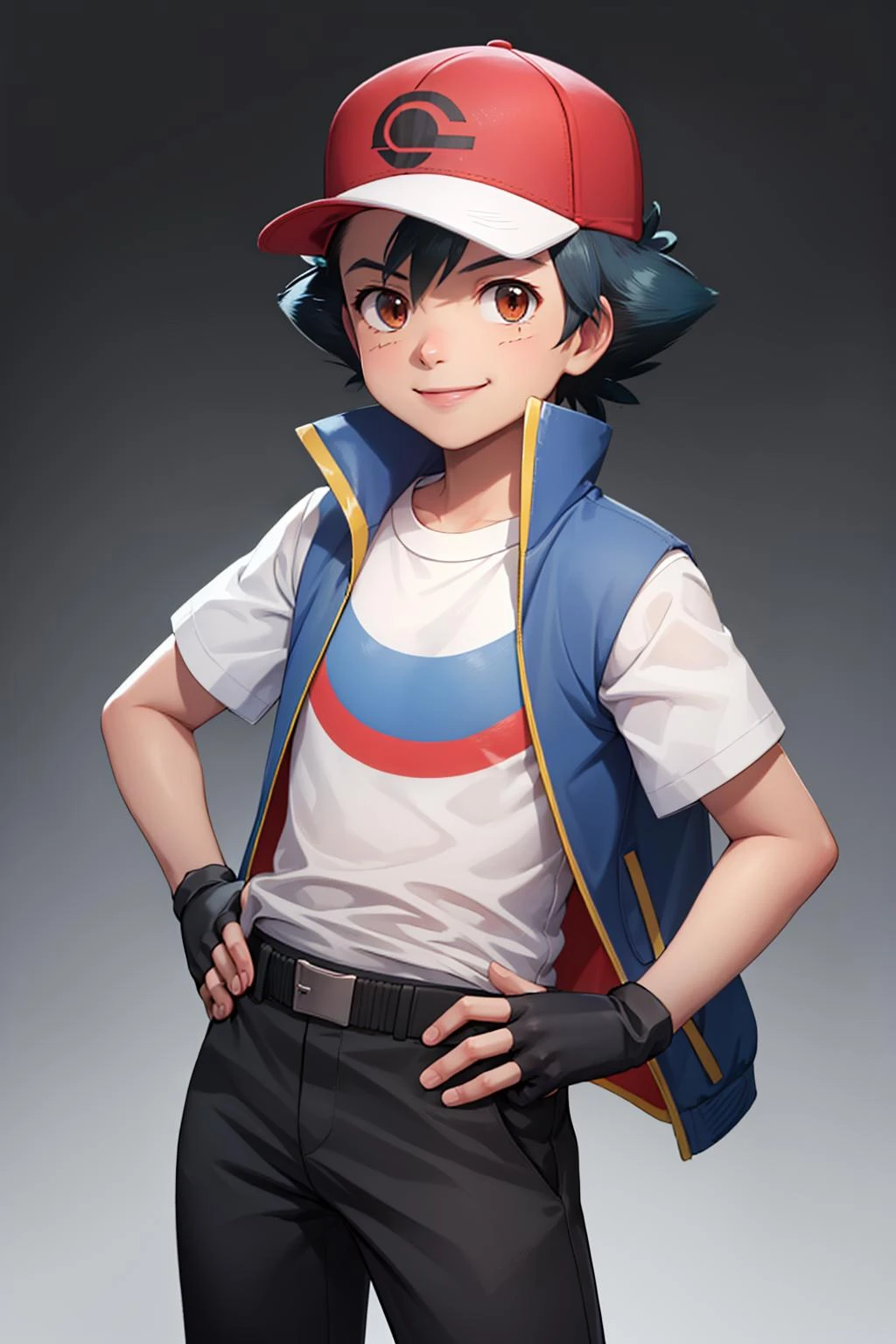 (masterpiece, best quality:1.2), cowboy shot, solo, 1girl, pokemonketchum, smile, looking at viewer, hand on hip, baseball cap, blue jacket, sleeveless jacket, shirt, short sleeves, pants, fingerless gloves