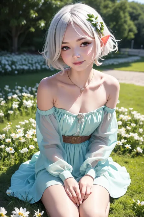 RAW photograph of a cute elf girl sitting in a flowerbed,flower, letterboxed, white flower, kokkoro \(princess connect!\), flowe...