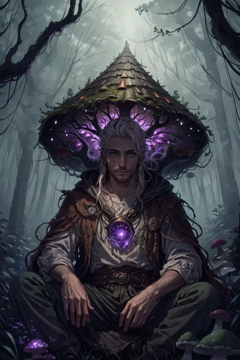 (masterpiece, best quality),    (1man, thin adult italian male:1.2),  purple eyes, white hair, sideburns,
 solo, upper body, looking at viewer, detailed background, detailed face, (RootsBranchesAI theme:1.1)  mushroom druid, sitting,   highly detailed mushroom themed dark purple clothing, nature, swirling magical energy in the air,         mushroom hut in background, mysterious dark night, green magical lights, ethereal atmosphere,